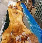 Custom Blue Ocean Resin Epoxy Table, Handmade Live Edge Epoxy Resin Dining Table