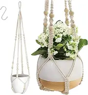 Esshogo Macrame Hanging Basket, Boho Decorative Cotton Rope Hanging Basket, Beads Without Tassels, Plant Holder Hanger, Macrame Hanging Basket, Decorative Cotton Rope Flower Pot Holder