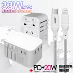 CITY萬用轉接頭PD快充33W急速充電器-白+高密編織線TYPE-C TO LIGHTNING IPHONE/IPAD充電線-25CM灰