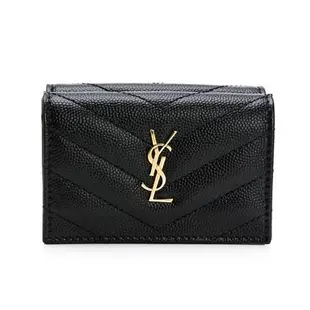 【YSL 聖羅蘭】SAINT LAURENT 魚子醬信封型迷你三折短夾(黑/鐵灰)