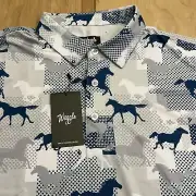 NEW Waggle Golf Polo White And Blue Horse All Over Print Performance Mens Large