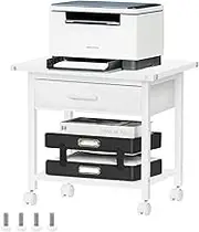 Lerliuo Under Desk Rolling Printer Stand with Drawer, 2-Tier Industrial Mobile Printer Table Desk with Storage Shelf and Steel Frame, Printer Cart Holder with Lockable Wheels for Home, Office (White)
