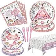 HIPVVILD Sleepover Party Supplies For Girls - Pajama Party Decorations Tableware, Disposable Paper Plate, Napkin, Tablecloth, Fork, Sleep Over Slumber Birthday Party Supplies Dinnerware | Serve 24
