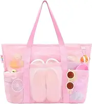 [Tagitary] Mesh Beach Bag with Zipper,Large Beach Tote Waterproof Sandproof with 8 Pockets for Beach Toys Storage Swim Pool Bag Beach Accessories for Vacation Sports Camping Picnic Travel Bag