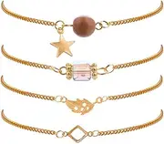 [YiyiLai] Women Crystal 4pcs Beaded Chain Strand Wrap Bracelet Set Anklet Gold