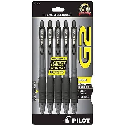 Pilot Rollerball Pen G2 Bold Point Retractable Black Gel Ink, Pack of 5 31303
