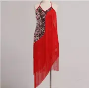 Womens Latin Dance Dress, Backless, Sequined , Tassels Performance, M, Red