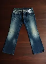 Dsquared2 "Dean & Dan" Distressed Patchwork Low Rise Boot Cut Denim Jeans IT 46