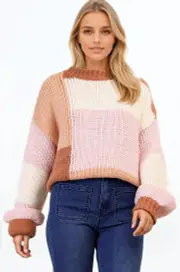 Candie Jumper - Crew Neck Colour Block Knit Jumper in Neapolitan