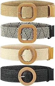 [Skidwedy] 4 Pieces Straw Woven Belt, Retro Color Elastic Stretch Waist Belts Elastic Stretch Rattan Waist Belt for Women, Women Belts for Skinny Raffia Dress Sweater Jeans