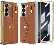 [XIMAND] Flip Case for Samsung Galaxy Z Fold 6 2024, Wrist Strap & Card Slot, RFID Blocking Safe and Electroplating Frame, Anti-Slip Holder, Magnetic Closure.(Brown)