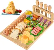 Bamboo Cheese Board and Knife Set - 35 * 18cm Large Charcuterie Boards Set, Cheese Tray Platter Servers with Clasp Knife Holder