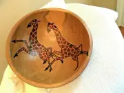 African Hand Carved Wooden Round Wild Animal Painted Bowl Made In Kenya
