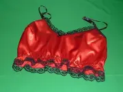 bright RED shiny SATIN shorty camisole CROP TOP black lace new Made in France