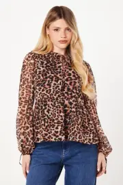 Dorothy Perkins Womens Blouse Leopard Leopard Print Tie Neck Chiffon Long Sleeve
