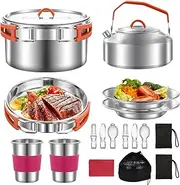 REASOR 304 Stainless Steel Camping Cookware Mess Kit,Camping Cookware Set with Pots, Pans, Kettle, Plates, Forks, Knives, Spoons,Suit for Backpacking, Outdoor Camping Hiking and Picnic.