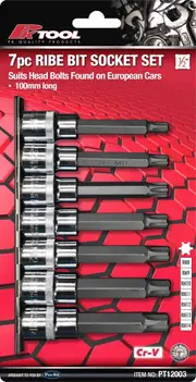 PKTool PT12003 - Ribe Bit Socket Set - 1/2" Drive 100mm - 7 Piece