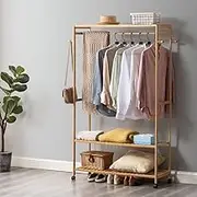 Furb Bamboo Clothes Hanging Rack on Wheels, Open Wardrobe Clothes Rack, 4 Hooks, 3 Shelves, 1 Hanging Rail (99x35x165cm-Natural)