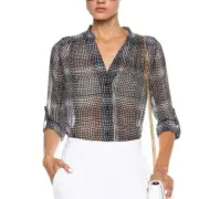 DIANE VON FURSTENBERG Harlow Black White Optic Plaid Button Up Long Sleeve Top 4
