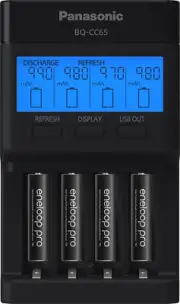 K-KJ65K3A4BA 4-Position Charger W/ LCD & USB, 4AAA Eneloop Pro, Black