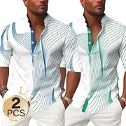 Men's 2PCS Gradient Waves Shirt Stand Collar Shirt Casual Dress Shirt Long Sleeve Business Casual Vacation Home Daily Summer Spring Mandarin Collar Band Collar