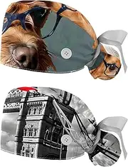 [YTYVAGT] 2-Pc,Nurse Scrub Caps,Scrub Hats with Buttons and Cotton Sweatband,Brussels Griffon Dog Reading Book