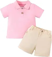 [Yanmucy] Baby Boy Summer Clothes Outfits Toddler Boy Polo Short Sleeve Shirt Solid Elastic Waisted Shorts Clothing Suit Casual T Shirt Tops Shorts Set 1-6 Years, Pink, 1-2 Years