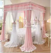 4 Corner Post Ruffle Edge Bed Canopy Mosquito net, Romantic Decorative Bed Curtain for s' Princess Room Bedroom, with Metal Support (Color : Pink, Size : 200X220cm/79X87in)