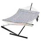 Outdoor Double Hammock with Stand, Two Person Cotton Rope Circle Pattern