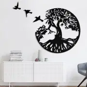 LZAOA 3D Tree of Life Wall Art, Black Metal Wall Decorative Art with 3Pcs Bir...