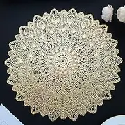 Mabbcoo Gold Round Placemats, Hollow Out Washable and Wipeable Place Mats, Pressed Vinyl Table Mats Set of 6 for Anniversary Dinner Kitchen Decorations