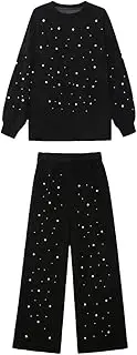 [Generic] Women's Round Neck Plus Size Hoodie Wide Leg Pants Two-Piece Set Solid Color Pearl Splicing Casual Loose Long Sleeved Pullover Set