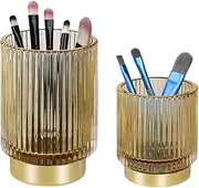 Fvstar Glass Makeup Brush Holder,Gold Toothbrush Holders,Cute Make Up Brush Cup Holder,Vintage Vanity Makeup Organizer for Bathroom and Desktop (Amber)