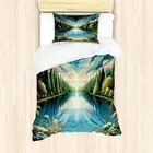 Duvet Cover Set, Wild Beauty of River and Forest Painting Effect Symmetric Look