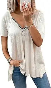 [ABINGOO] Women's Short Sleeve V-Neck T-Shirt with Zip Plain Casual Tunic Loose Basic Tops Elegant Blouse Shirt, White, XL