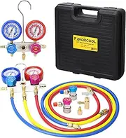 HVAC Gauges, AC Manifold Gauge Set for R410a R134a R22 Refrigerant, Aluminum Body 3-Way AC Gauges R410a Manifold Set with 4FT Hoses Adjustable Couplers Adapter and Can Tap Freon Charge Kit