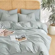 Wake In Cloud - Striped Quilt Cover Set, 100% Washed Cotton Doona Duvet Cover, Ticking Stripes Pinstripe Pattern Bedding, 3 Pieces, Greyish Blue, Queen Size