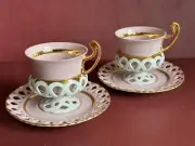 Rose Porcelaine set 2 Coffee Cups & Saucers BYZANT, decorated by 24 carat gold