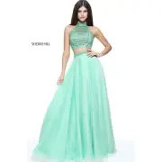 Nwt Sherri Hill Green Jeweled Sequins Mock Neck Two Piece Prom Dress