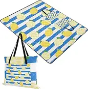 Yoogain Outdoor Blankets Waterproof Outdoor Big Beach Blanket for Adults Concert Blanket Blue White Striped Fruit Lemon 60x80in