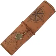 PU Leather Pencil Bag Strap Vintage Treasure Map Compass Cover Rollup Storage Organizer Retro Pen Bag Wrap Roll Case Holder Portable Stationery Pouch for Artist Drawing Makeup (Coffee, 20.5 * 31CM)