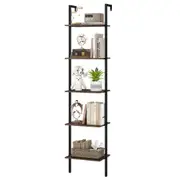 Giantex 5-Tier Wall Mount Ladder Bookcase Bookshelf w/Rattan Cabinet & Metal Frame Display Rack Brown