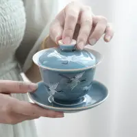 在飛比找樂天市場購物網優惠-霽藍釉三才蓋碗茶杯單個景德鎮手繪陶瓷防燙功夫泡茶景泰藍色大號