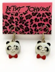 Betsey Johnson White Enamel Red Bow Tie Panda Bear Dangle Earrings NWT