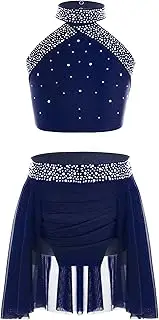 [Aislor] Kids Girls 2 Piece Lyrical Latin Jazz Dance Outfit Sparkly Rhinestone Crop Top with Irregular Hem Skirts Set