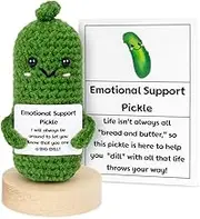 Weforu Emotional Support Pickle, Handmade Pickled Cucumber Gift with Stand,Positive Card and Organza Bag. Cute Wool Inspirational Pickle Crochet Doll Plush for Friends Party Christmas
