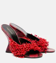 [Dries Van Noten] Dries Van Noten Beaded snake-print leather wedge mules AU 7.5 red