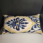 Blue and Gold Embroidered Natural White Lumbar Pillow Feather Down Insert 24X14"