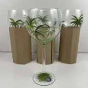 Palm Breeze Palm Trees Set of 4 Wine Glasses Goblets Stemware Hand Painted NIB