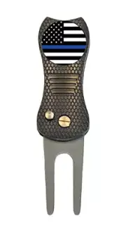 US Flag Thin Blue Line Golf Ball Marker w/ Premium Switchblade Divot Tool Gift